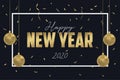 Happy New Year greeting card for 2020 year. Design for holidays banner with gold Christmas balls and golden confetti. Vector Royalty Free Stock Photo